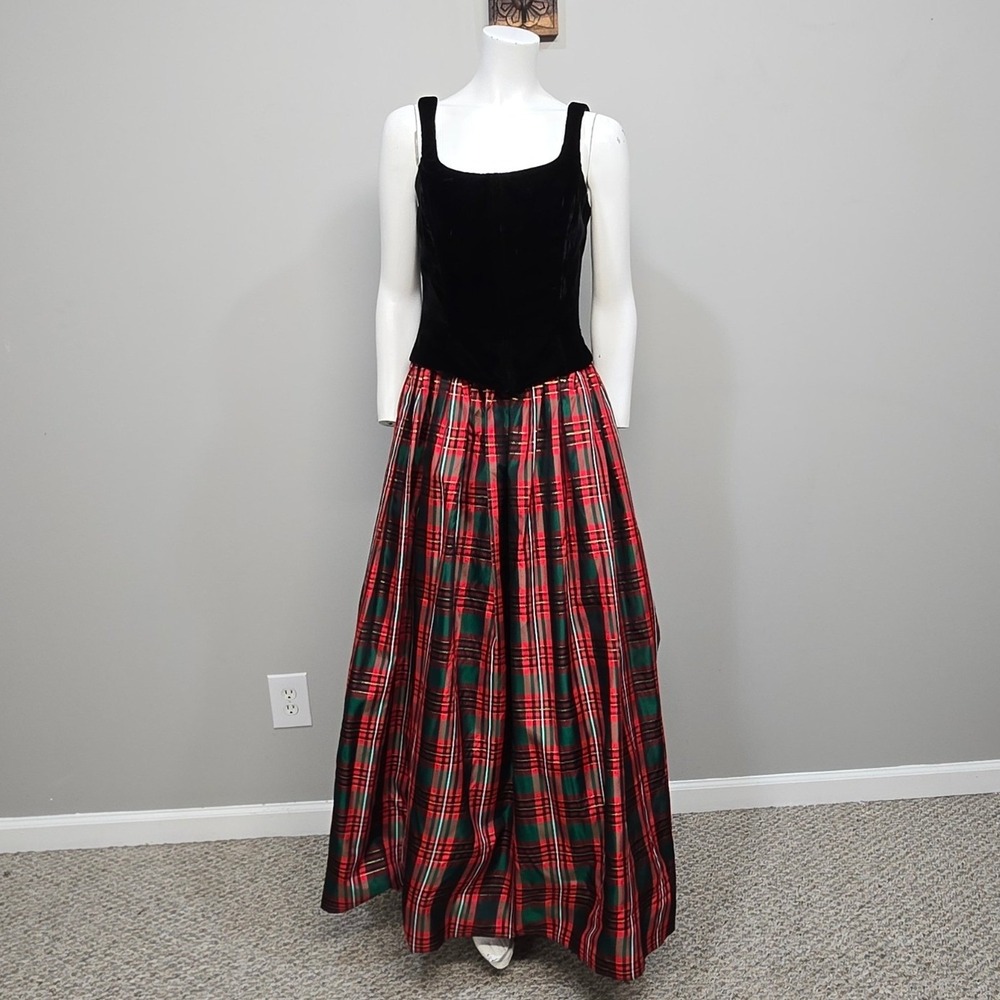 Black Velvet Top with Red, Green, And Gold Plaid Maxi Skirt Dress